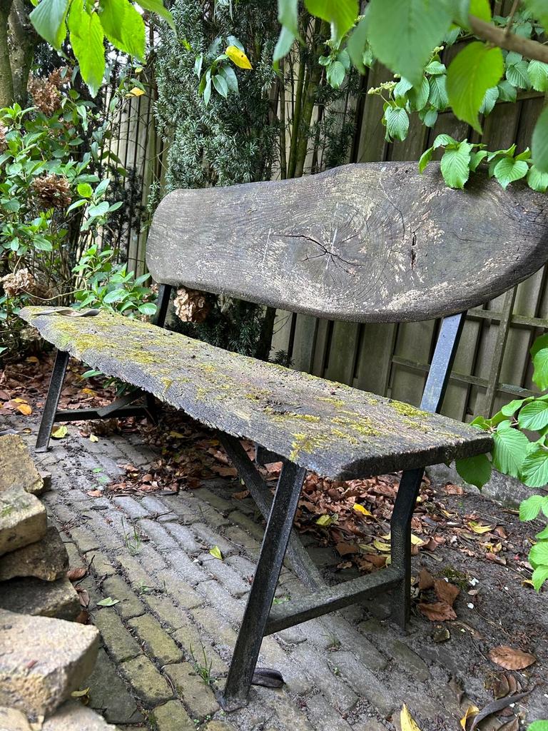 Houten tuinbank met metalen onderstel, Tuin en Terras, Tuinbanken, Ophalen, Gebruikt, Hout