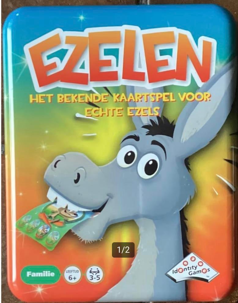 Ezelen, kaartspel in blik, Hobby en Vrije tijd, Gezelschapsspellen | Kaartspellen, Ophalen of Verzenden, Zo goed als nieuw