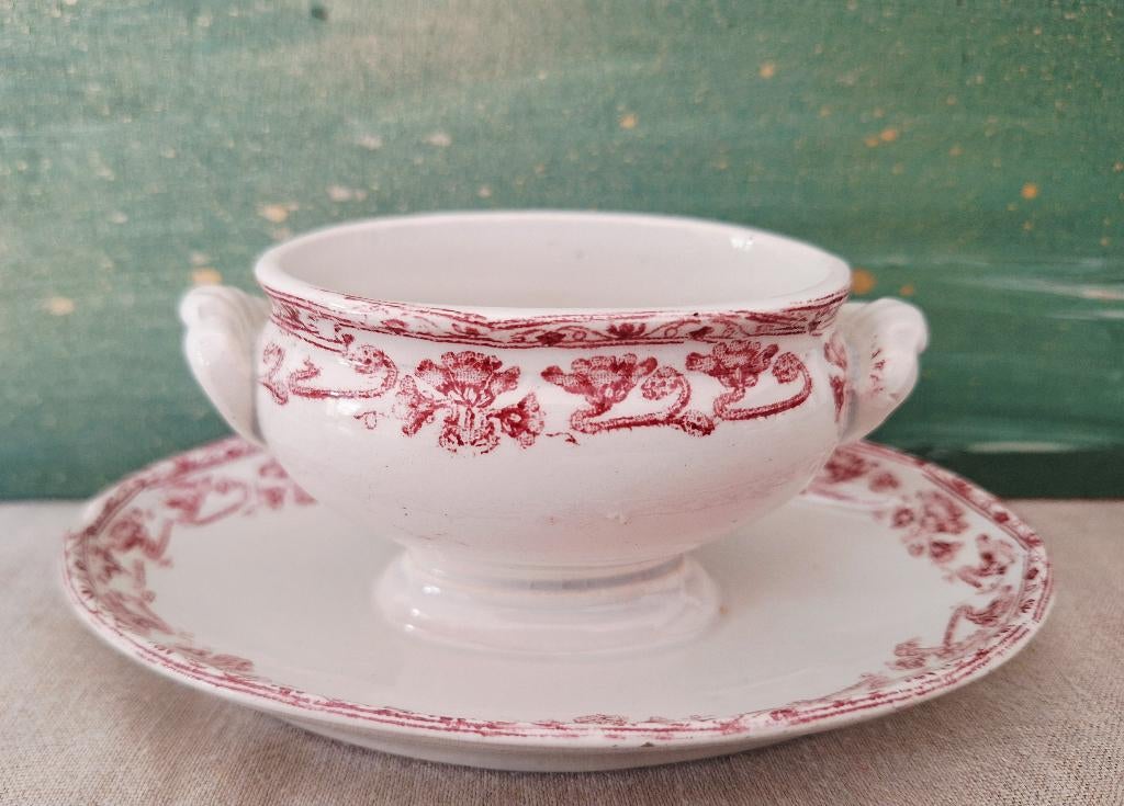 Antieke Mosterd/Mini Terrine, Terre de Fer - rood wit, Antiek en Kunst, Antiek | Servies los, Ophalen of Verzenden