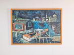 Vintage Schilderij stijlvol havenzicht op doek ‘69 in lijst, N, Ophalen of Verzenden, N, N