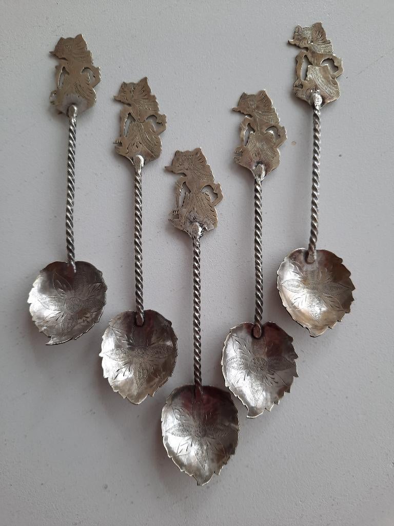 Zilveren Wajang lepeltjes, 5 stuks., Antiek en Kunst, Antiek | Bestek, Ophalen