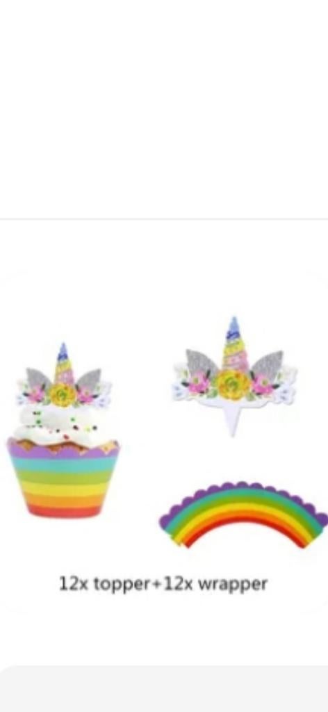 Unicorn Cupcake Toppers & Wrappers - 12 stuks, Ophalen of Verzenden, Nieuw, Feestartikel, Verjaardag