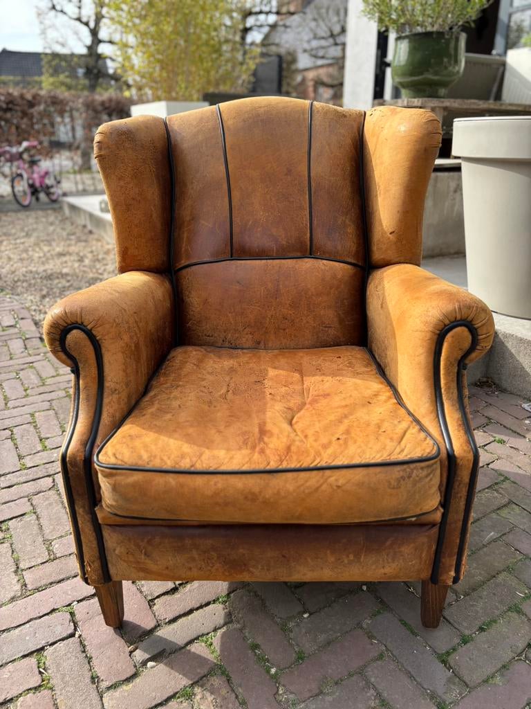 Vintage Schapenleren geleefde Fauteuil, Gebruikt, Stoer Sleets Vintage Geleefd, 50 tot 75 cm, Leer