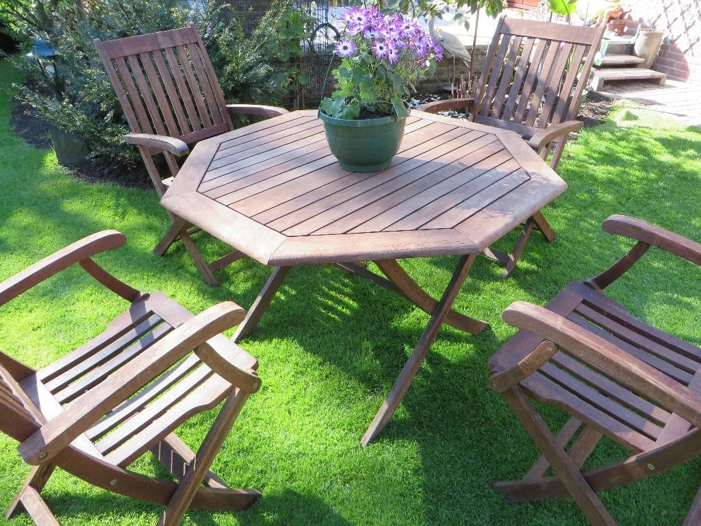 Tuinset van Oxfort Collection 4 stoelen en 8 hoekige tafel., Ophalen, 4 zitplaatsen, Hardhout, Zo goed als nieuw