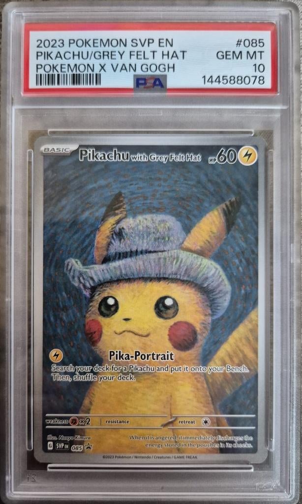 Pikachu Van Gogh grey felt hat 085 Graded PSA 10, Ophalen of Verzenden, Nieuw, Losse kaart