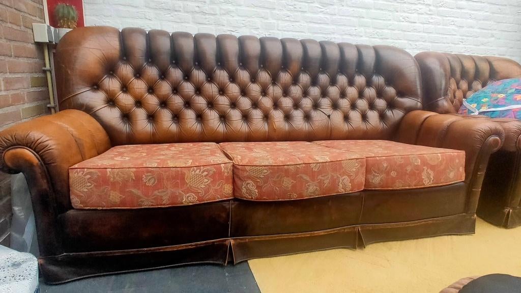 Leren bank + fauteuil, Huis en Inrichting, Banken | Bankstellen, Ophalen, Gebruikt, Driepersoons, Leer