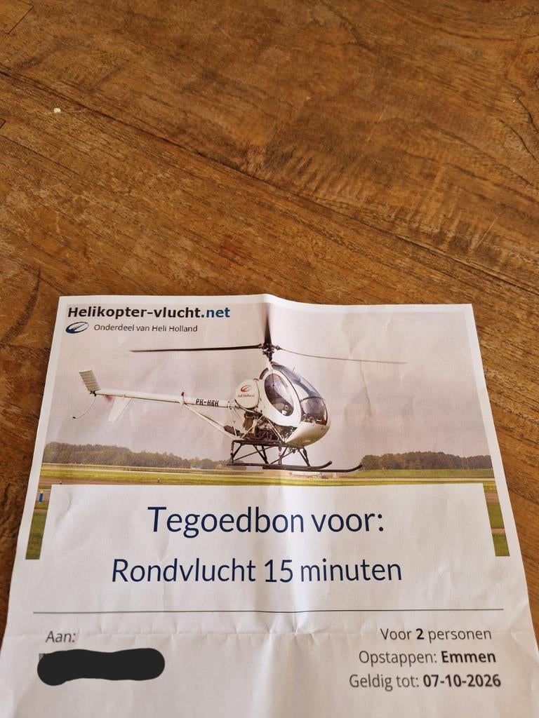 Helikopter rondvlucht 2 personen twv 300, Twee personen, Cadeaubon