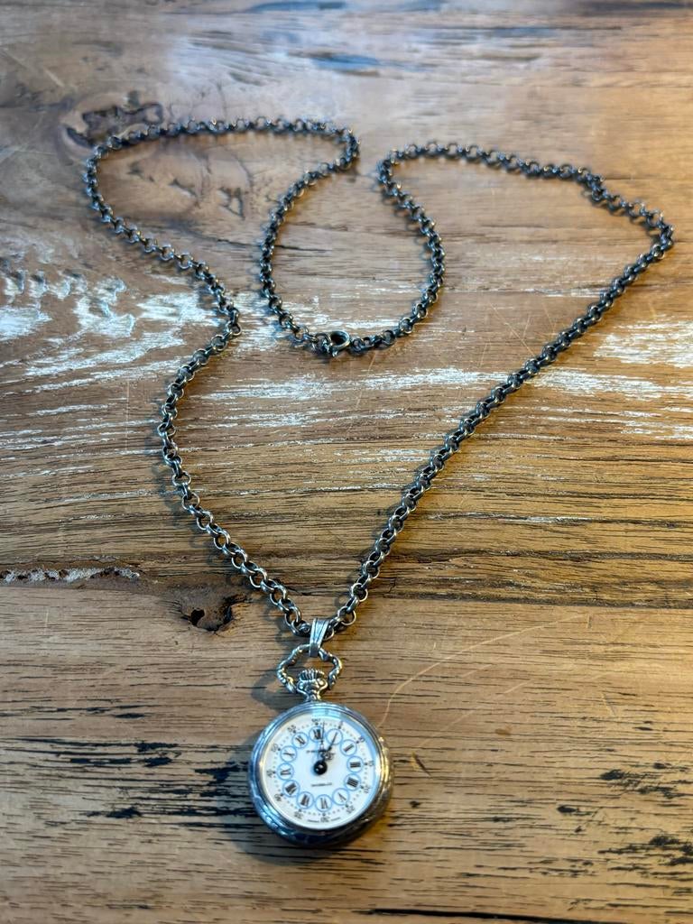Zilveren zakhorloge met ketting, Ophalen of Verzenden, Zilver