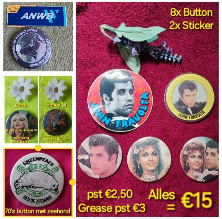8x Buttons Grease, Boney m. Blondie, zeehond + Sticker, Verzamelen, Speldjes, Pins en Buttons, Gebruikt, Button, Overige onderwerpen