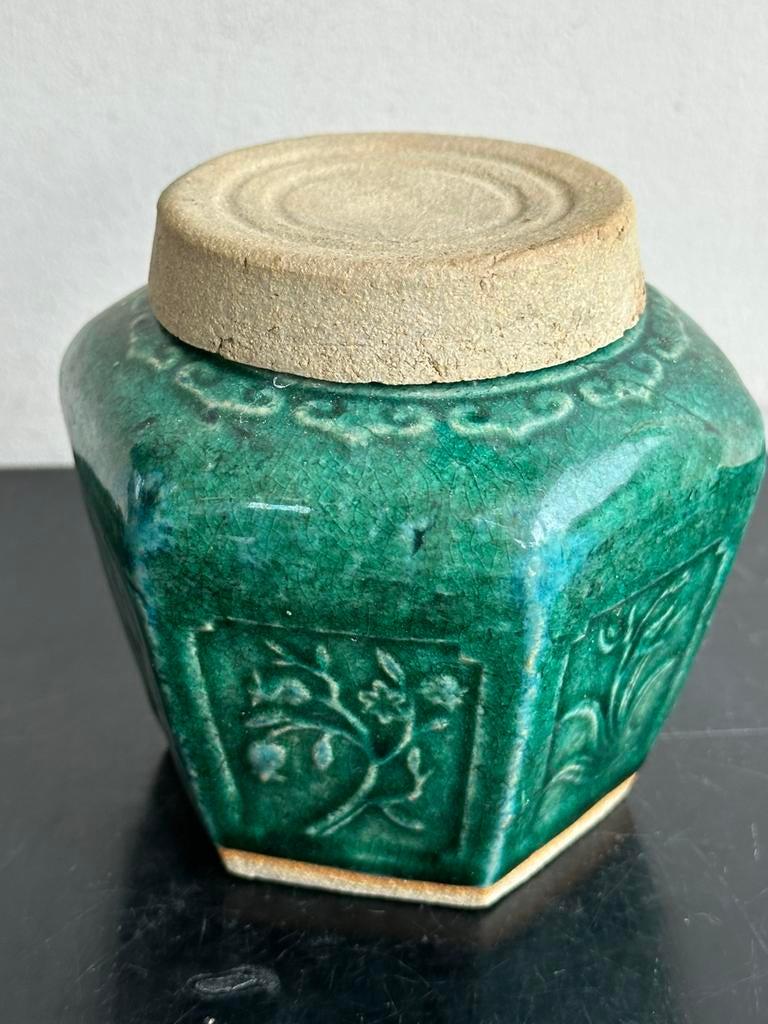 Oud aardewerk chinese gemberpot met deksel 11.5 cm, Ophalen of Verzenden