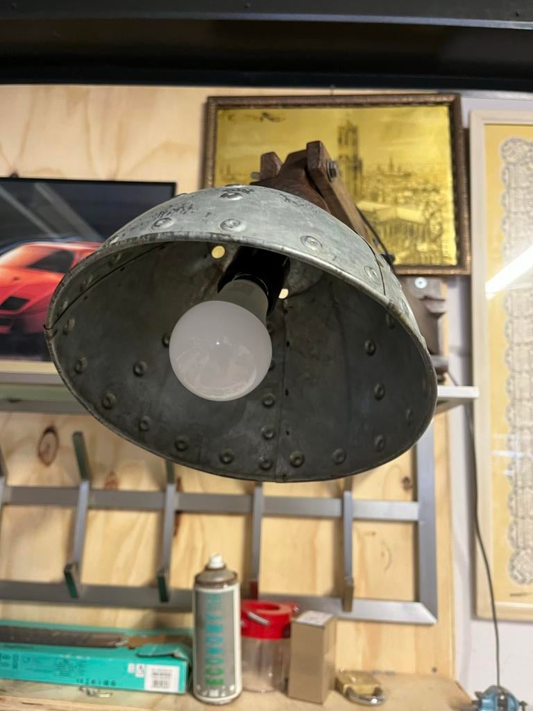 Vintage Houten Schaarlamp met Zinken Kap (1940-1945), Ophalen of Verzenden