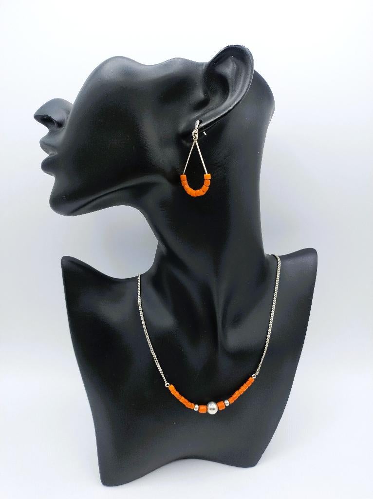 Zilveren ketting en oorbellen met bloedkoraal, 42 cm, Sieraden, Tassen en Uiterlijk, Oorbellen, Met kristal, Hangers, Info@zilverwebsite.nl