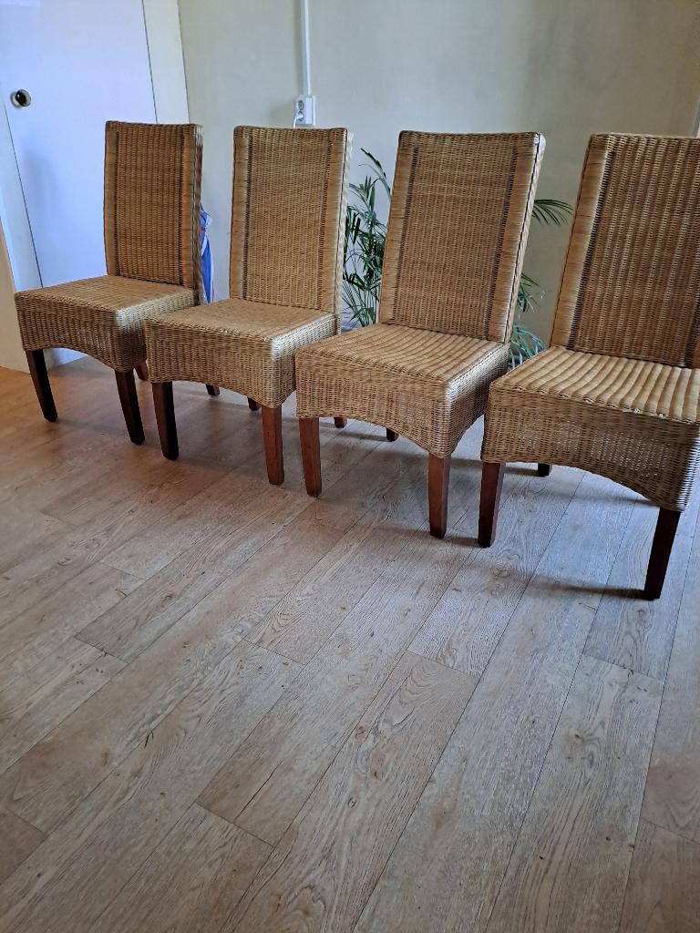 4 rieten eetkamerstoelen, Ophalen, Riet, Bruin, Hout