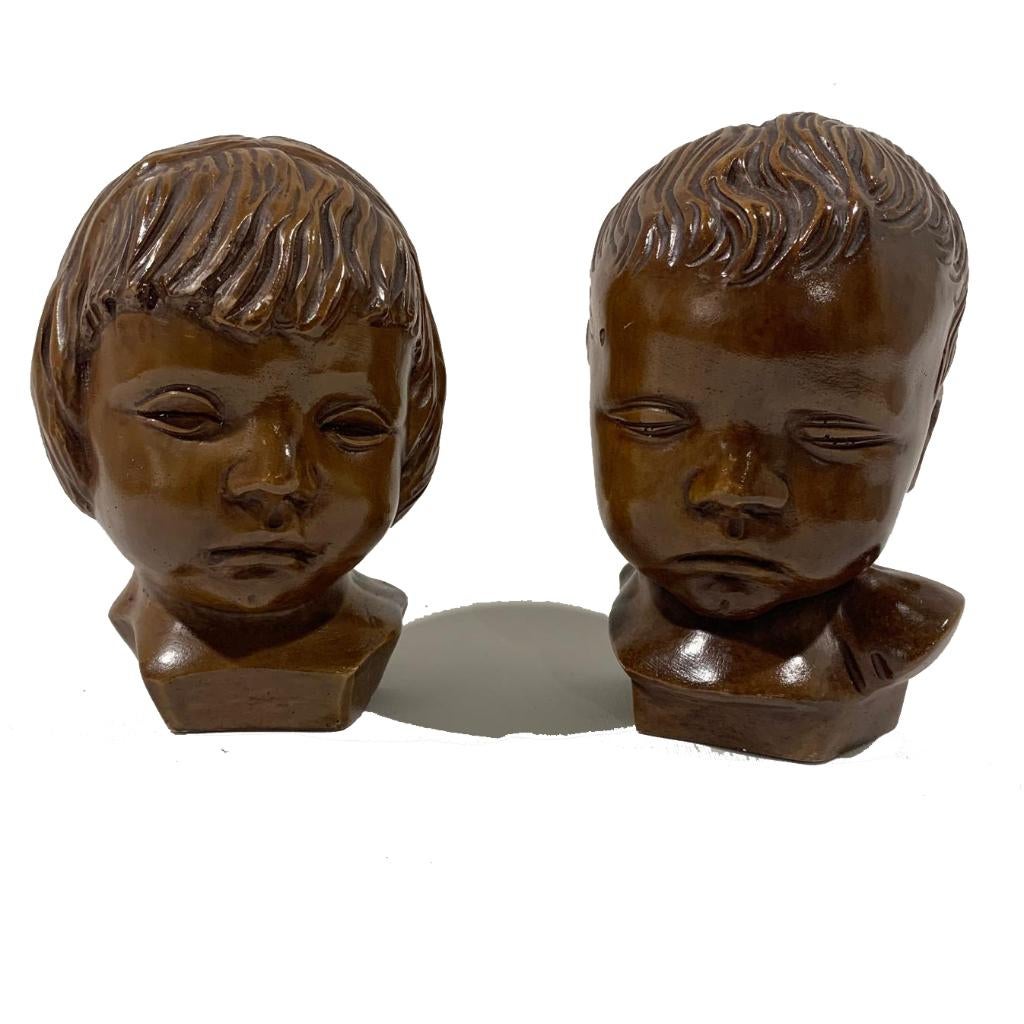 Vintage BUSTE jongen meisje Anton Perrée kinderkopje artdeco, Gips, Ophalen of Verzenden, 20 - 50 cm, Bruin