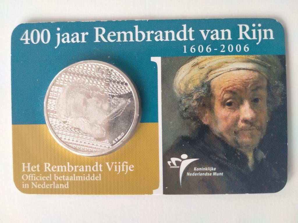 Coincard zilveren Rembrandt Vijfje, Postzegels en Munten, Verzenden, Koningin Beatrix, Euro's
