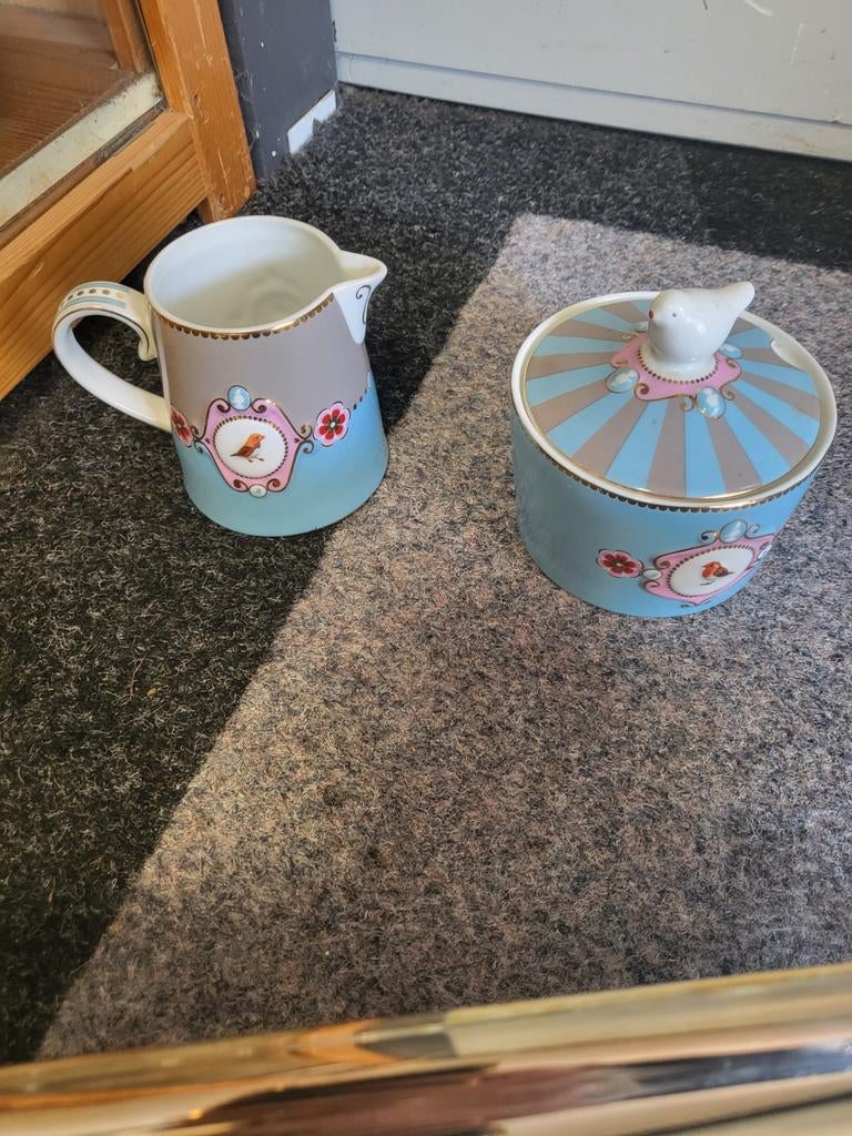 Pip Studio suikerpot en melkkan met vogelmotief, Ophalen of Verzenden