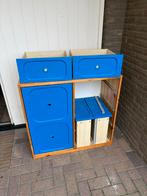 Houten kastje met blauwe lades en opbergvakken, Ophalen of Verzenden, Gebruikt
