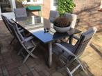 Teakhouten tuintafelset met hardstenen blad en 6 stoelen, Ophalen, Gebruikt, Teakhout