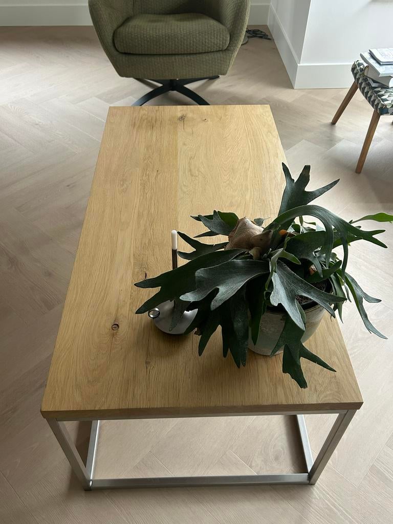 Rvs salontafel met licht eiken blad, Ophalen, Gebruikt, 100 tot 150 cm, Eikenhout