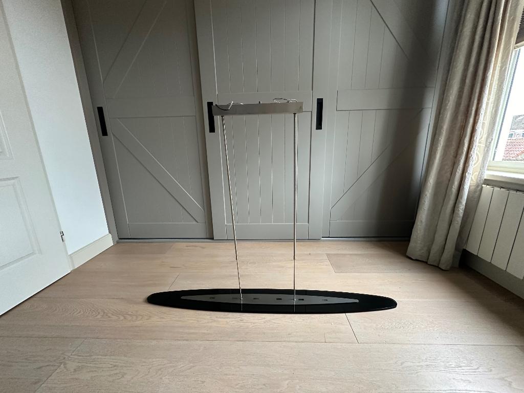 Mooie design hanglamp voor boven eettafel, glas met rvs, Ophalen, Gebruikt, Glas, 75 cm of meer