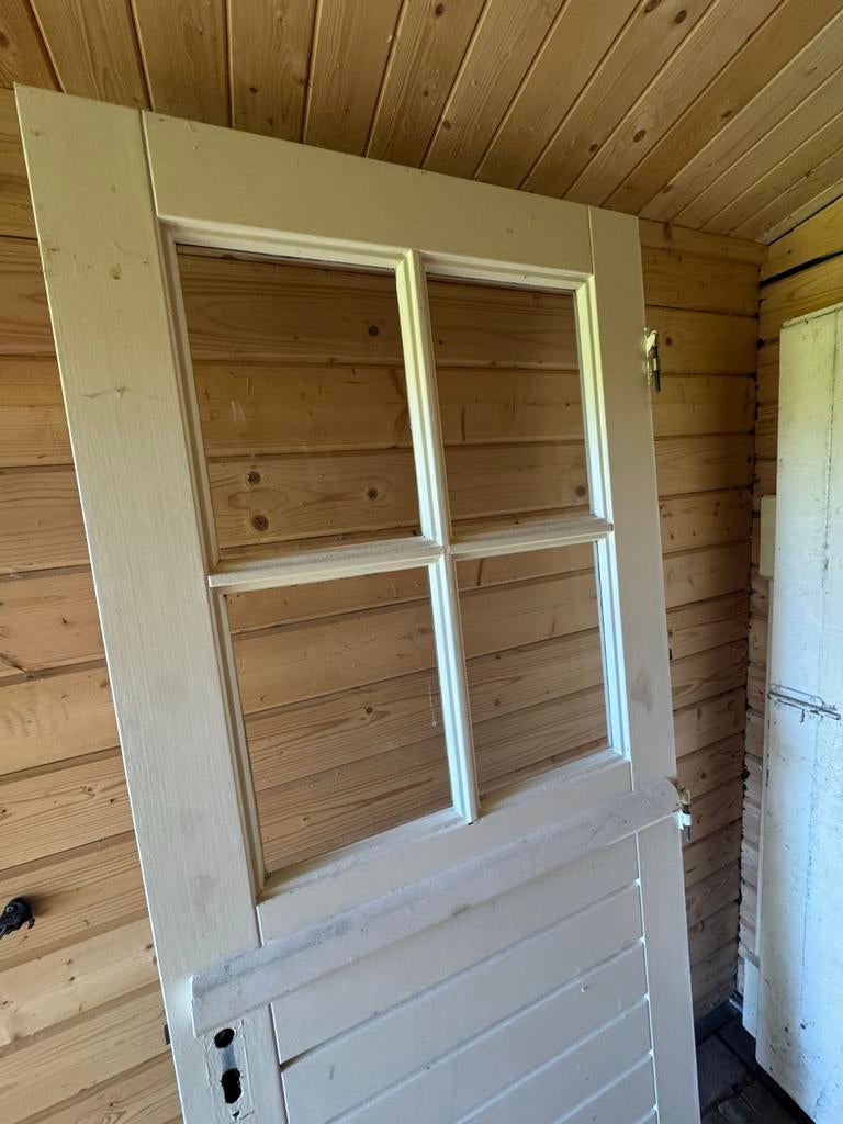 Buitendeur, - hardhout met glas en houten panelen, Ophalen, Gebruikt, Minder dan 80 cm, Buitendeur