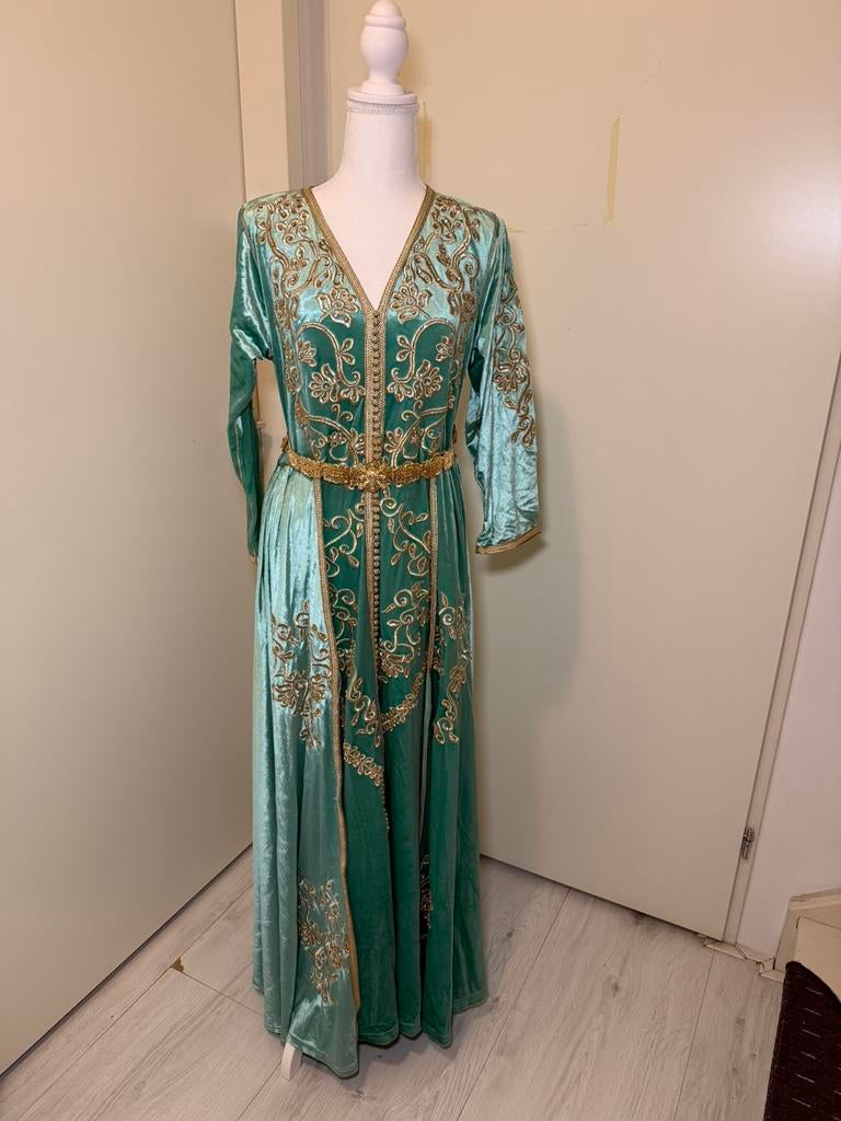Marokkaanse kaftan groen goud – luxe feestjurk / henna jurk, Ophalen of Verzenden, Zo goed als nieuw, Groen, Overige typen
