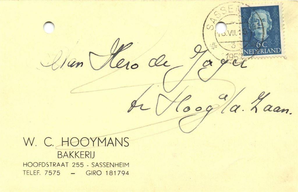 W.C. Hooymans, Bakkerij, Sassenheim - 07.1952 - briefkaart, Ophalen of Verzenden, Briefkaart