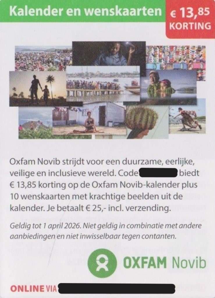 Kalender en wenskaarten. €13,85 korting. Postcodeloterij bon, Eén persoon, Kortingsbon, Warenhuis- of Winkelbon