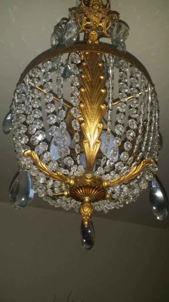 Bronzen kristallen kroonluchter met cupido's, Huis en Inrichting, Ophalen of Verzenden
