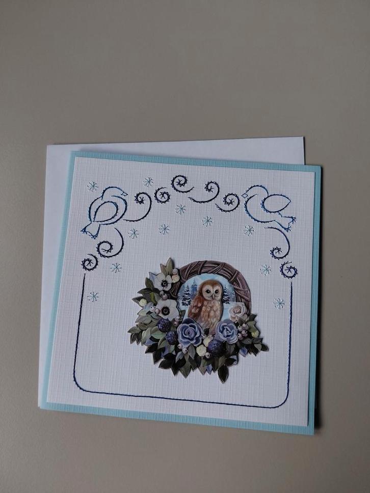 Handgemaakte kaart met bloemen en uil, Hobby en Vrije tijd, Kaarten | Zelfgemaakt, Nieuw, Overige thema's, Ophalen of Verzenden
