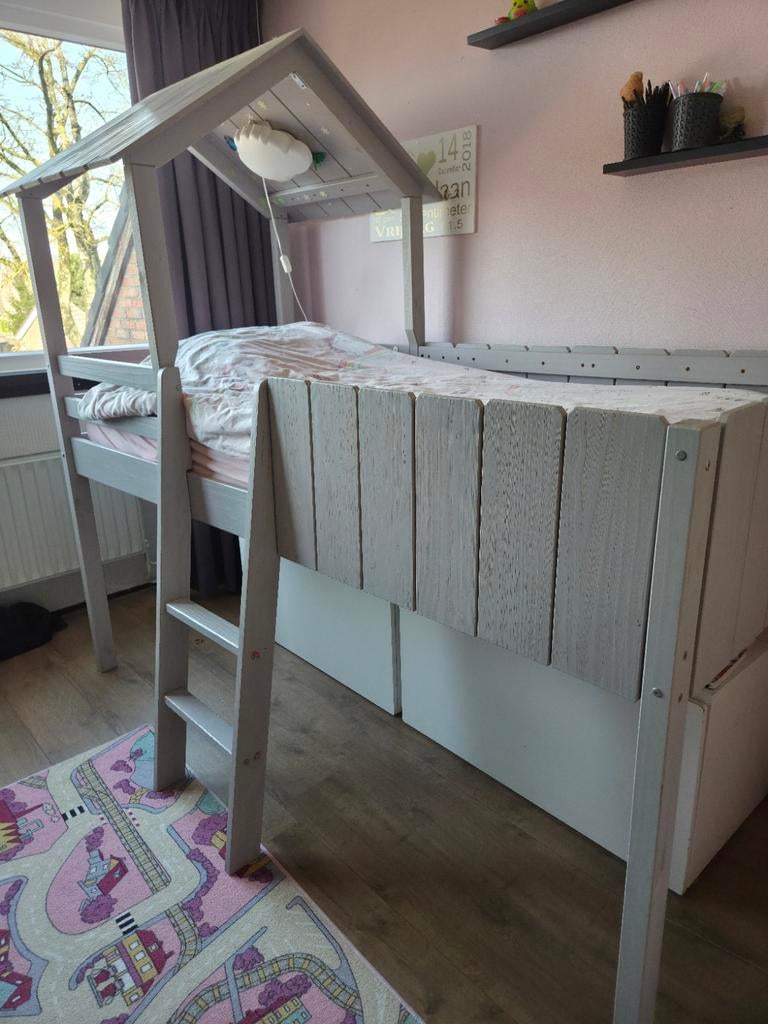 Eenpersoonsbed, half hoogslaper met huisje, Ophalen, Gebruikt, Halfhoogslaper