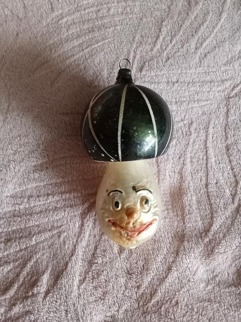 antieke glazen kerstbal model paddestoel met gezichtje, Ophalen of Verzenden, Gebruikt