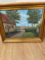 Schilderij met dorpsgezicht in gouden lijst (60x53 cm), Ophalen of Verzenden