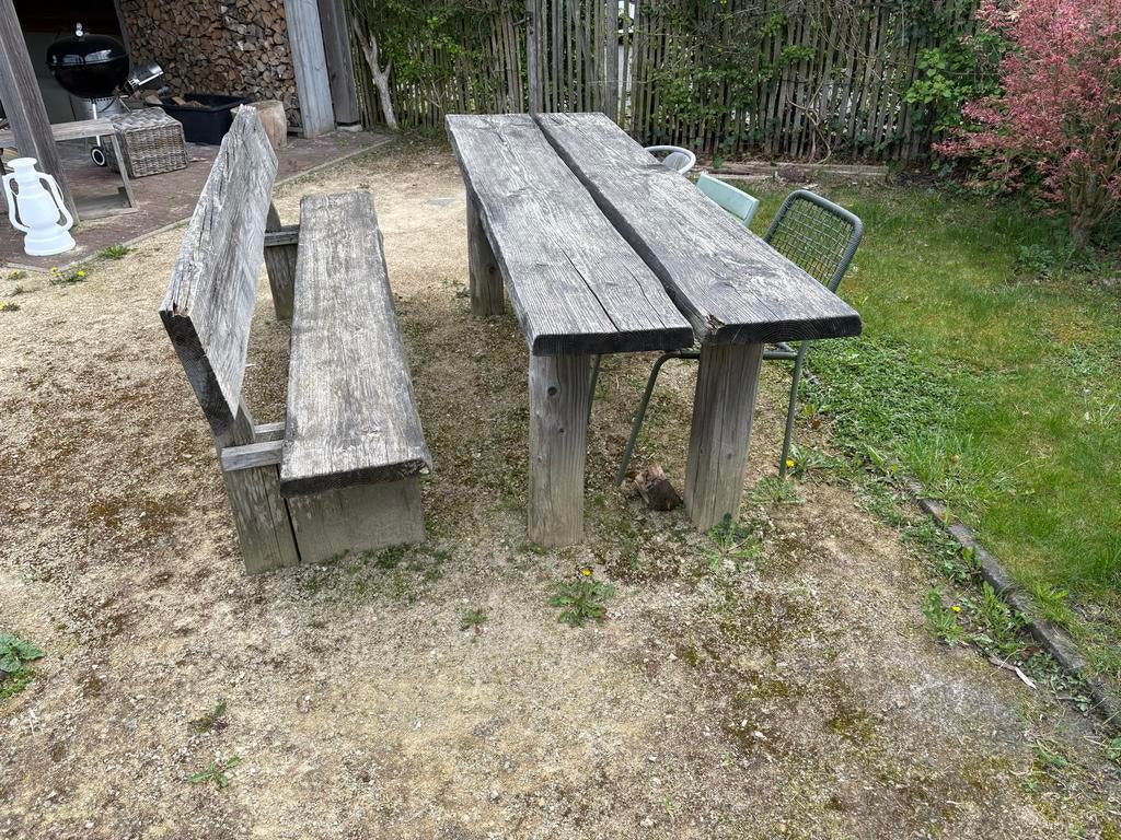 Robuuste houten tuintafel met bank en stoelen, Tuin en Terras, Tuintafels, Ophalen, Gebruikt, Rechthoekig, Hout