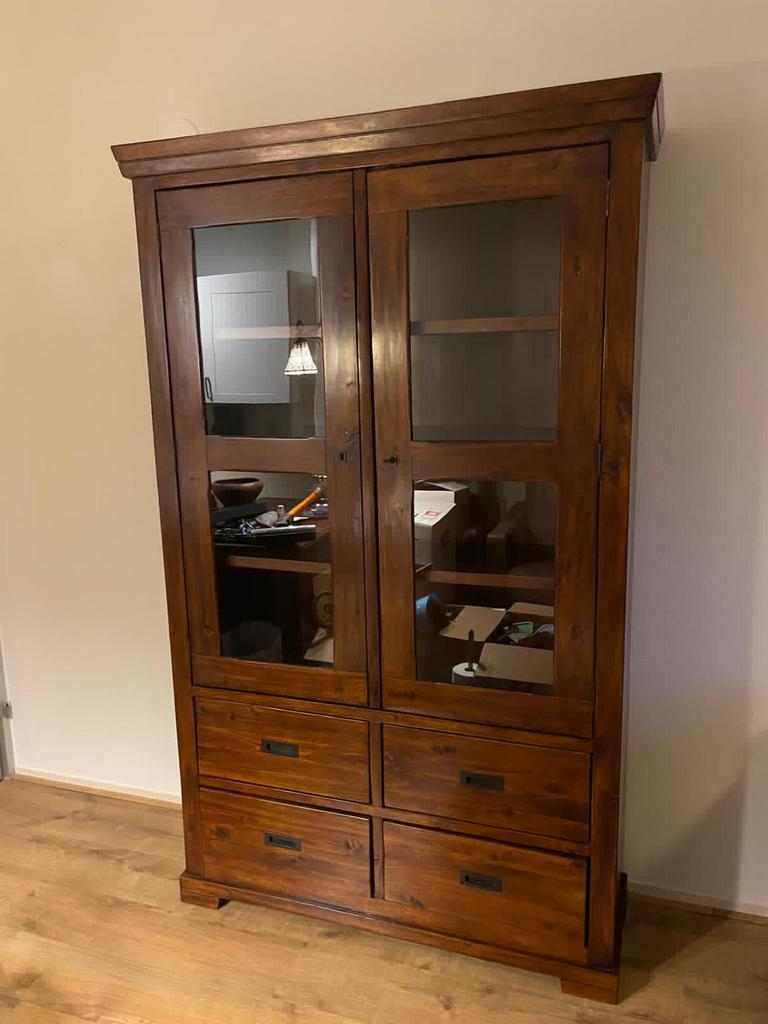 Vitrinekast teak/koloniaal, Huis en Inrichting, Kasten | Vitrinekasten, Ophalen, Teakhout, Zo goed als nieuw, 150 tot 200 cm