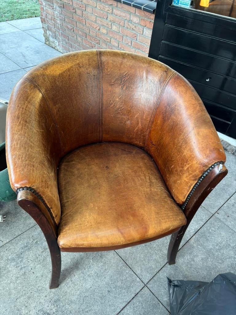 Vintage Tubchair schapenleer leder stoel schapenleder, Ophalen, Gebruikt, ., Hout