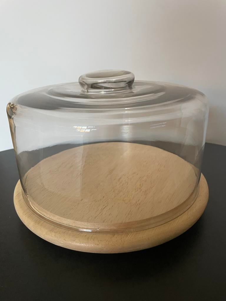 Glazen stolp met houten plank - fruitschaal/presenteerblad, Ophalen of Verzenden, Zo goed als nieuw