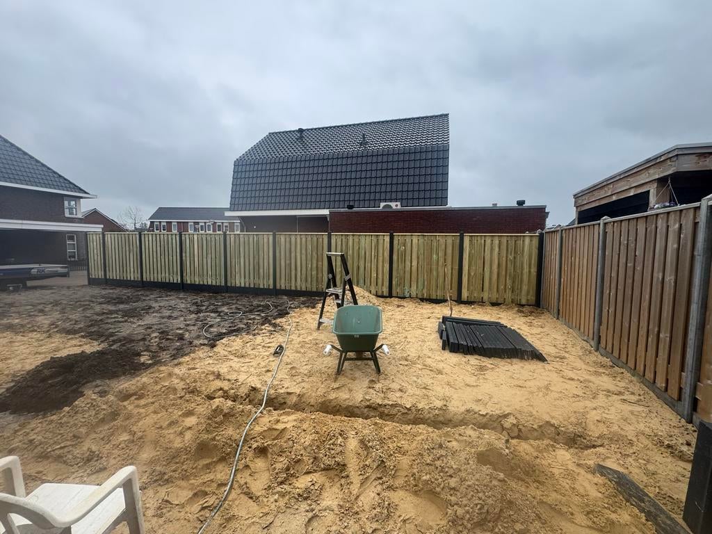 Grenen hout/beton schutting €95 p/m inclusief montage, 6 meter of meer, Ophalen of Verzenden, Hout, 1 tot 2 meter