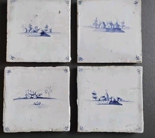 Vier delftsblauwe tegels met spinnenkoppen, Antiek en Kunst, Ophalen