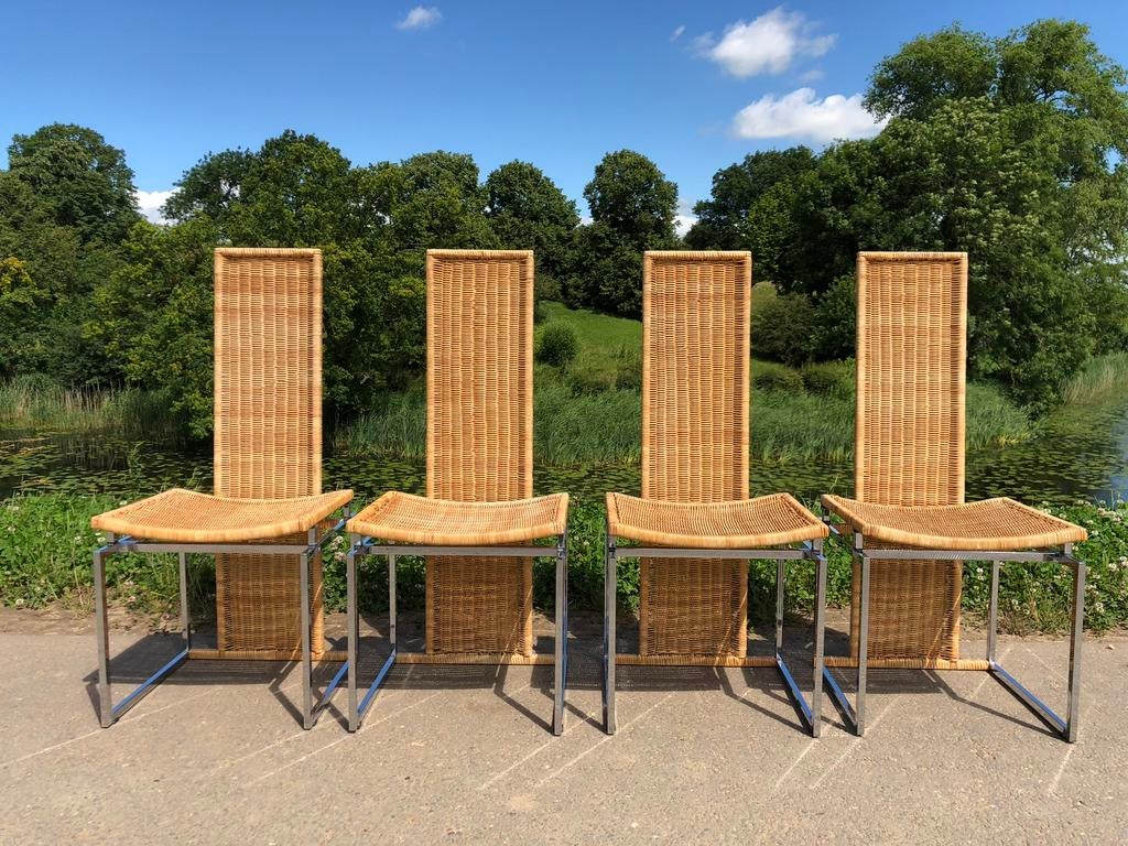 4 eetkamerstoelen | chroom rotan pitriet | Italian design, Ophalen, Bruin, Zo goed als nieuw, Metaal