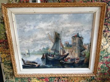 OUD OLIEVERF OP PANEEL 75X63 CM HAVENGEZICHT HOORN TOPSTAAT
 beschikbaar voor biedingen