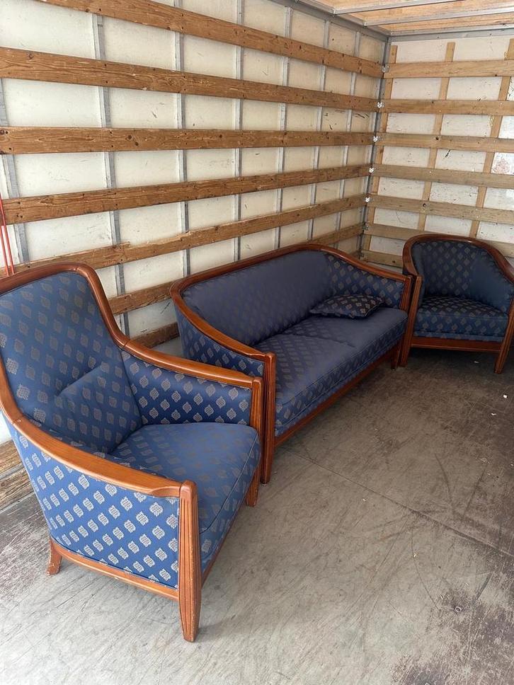 Vintage Bankstel - Blauw met Houten Frame, Huis en Inrichting, Fauteuils, Gebruikt, Hout, 75 tot 100 cm, Ophalen