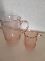 Vintage Roze Glazen Kopjes Set Crisal Portugal, Verzenden, Overige stijlen, Kop(pen) en/of Schotel(s), Glas