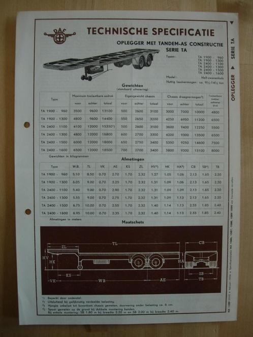 DAF TA 1900 & 2400 Oplegger Specificatie folder 1956, Boeken, Auto's | Folders en Tijdschriften, Zo goed als nieuw, Overige merken