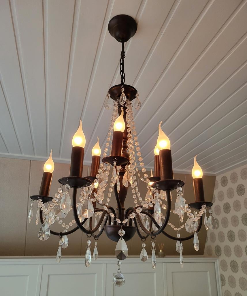 Bruin/ bronzen kroonluchter met 9 armaturen voor (kaars)lamp, Ophalen of Verzenden