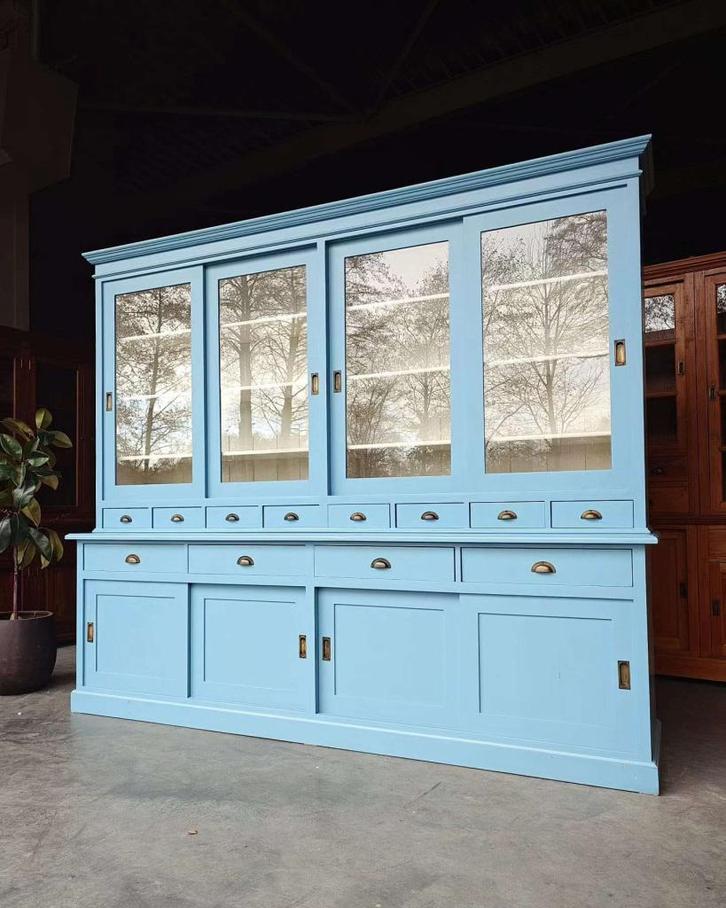 Grenen winkelkast | Oud blauwe buffetkast #2443, Huis en Inrichting, Kasten | Buffetkasten, Gebruikt, 200 cm of meer, 200 cm of meer