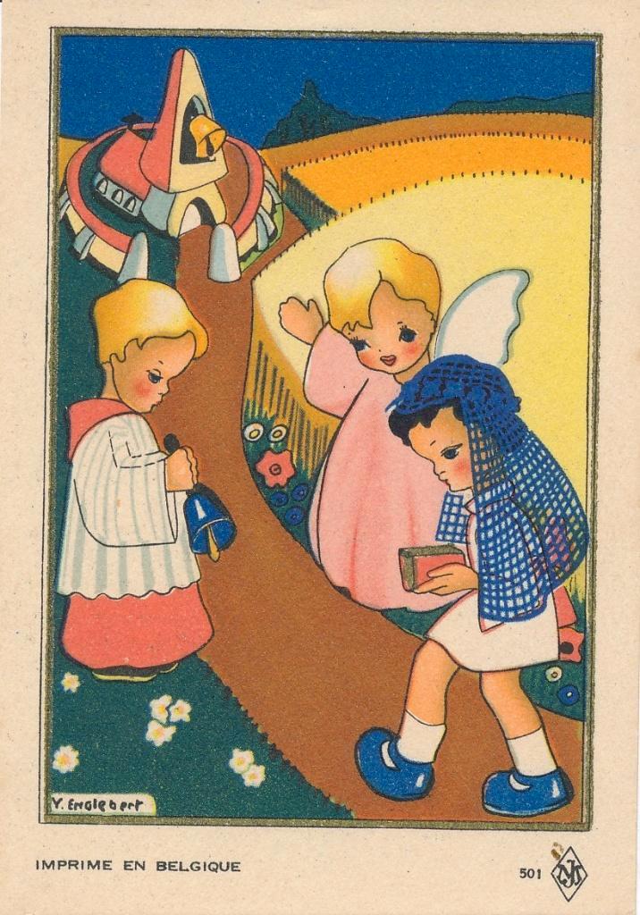 24 Mooie kinderprentjes getekend door Yonne  Englebert, Verzamelen, Religie, Zo goed als nieuw, Christendom | Katholiek, Kaart of Prent