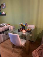 Glazen Tafel 130x130 + 4 Stoelen (Gebruikt), Huis en Inrichting, Tafels | Eettafels, Ophalen, Vierkant, Vier personen, 100 tot 150 cm