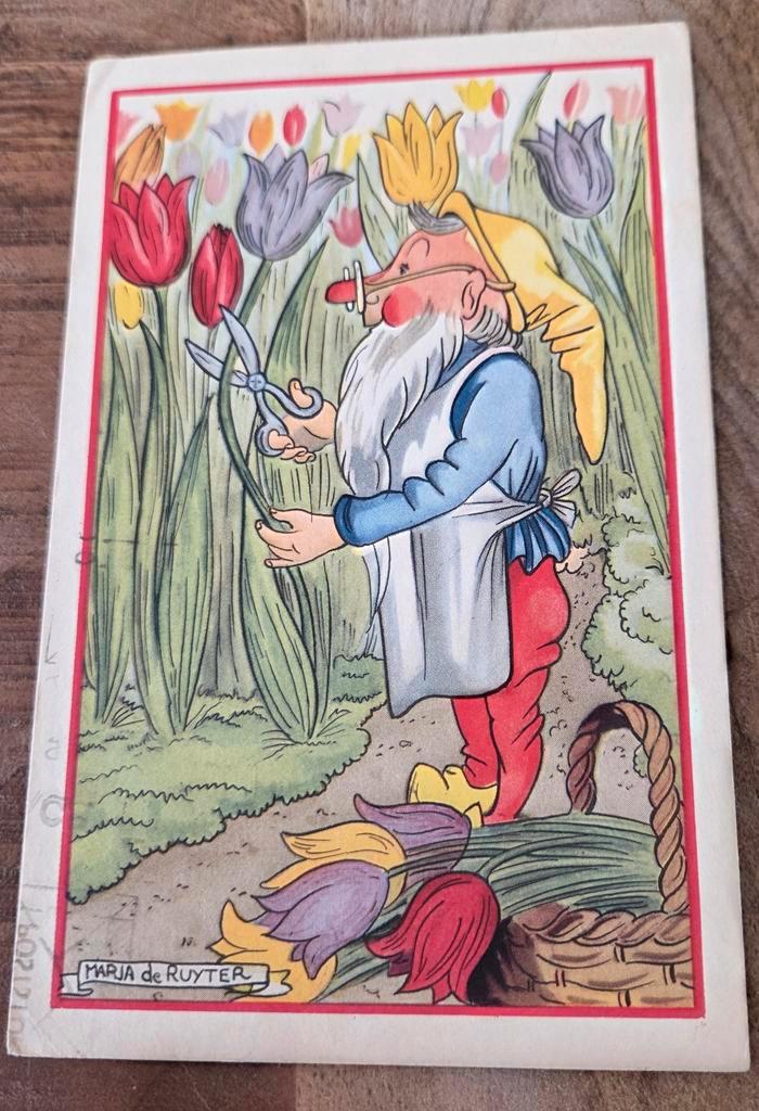 Kabouter knipt tulpen - Marja de Ruyter, Verzamelen, Ansichtkaarten | Themakaarten, Gelopen, 1940 tot 1960, Overige thema's, Verzenden
