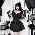 Puff-Sleeve Sweetheart-Neck Plain Lace Ruffle Mini Dress, Maat 38/40 (M), Verzenden, Zwart, Nieuw